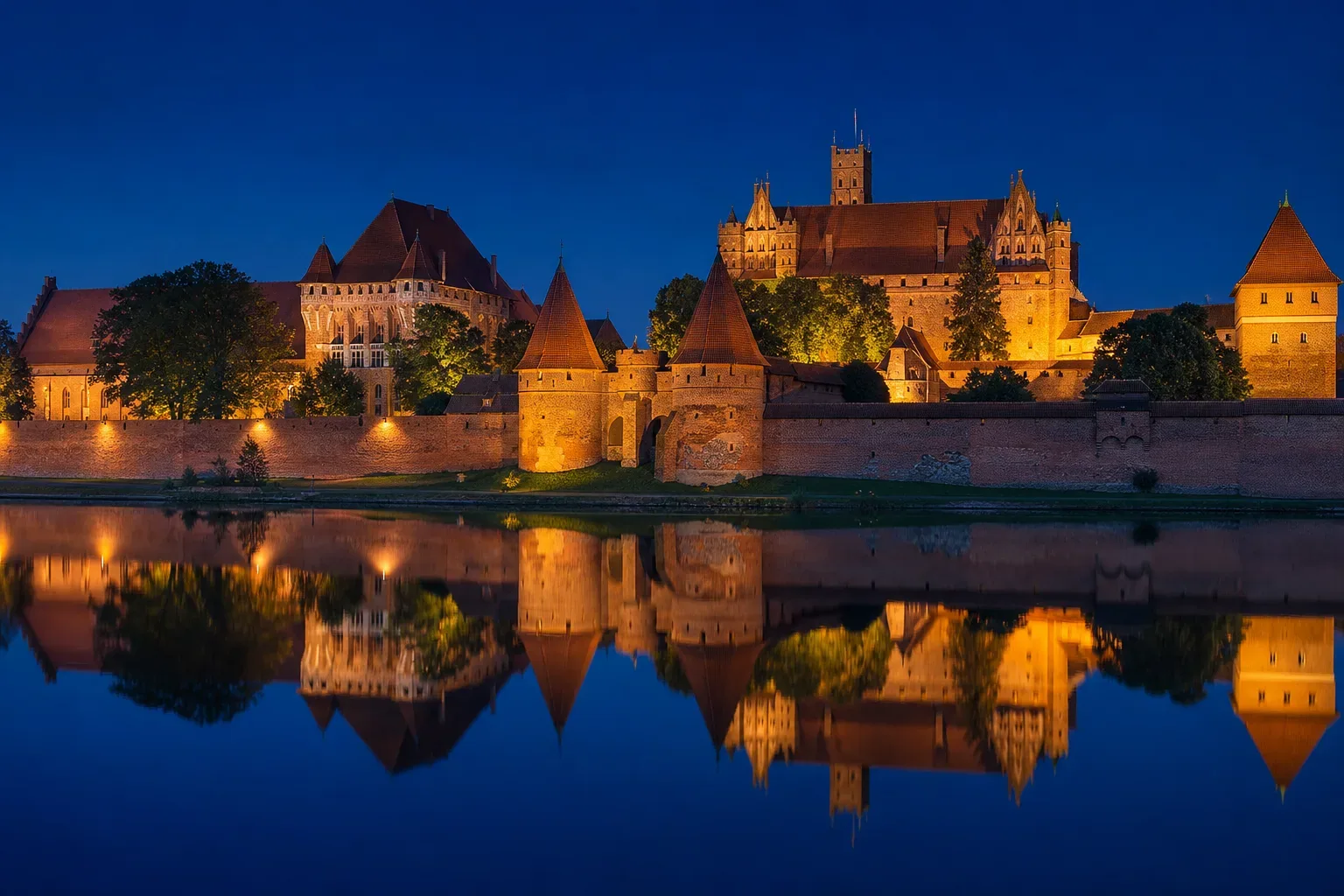 Malbork Castle, the red-brick Teutonic fortress, reflected in the Nogat river at dusk
