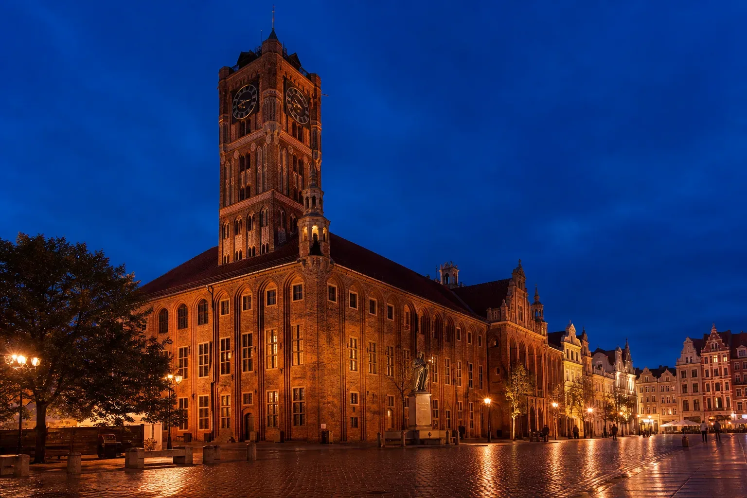 The Gothic red-brick Old Town Hall on the market square in Toruń at dusk