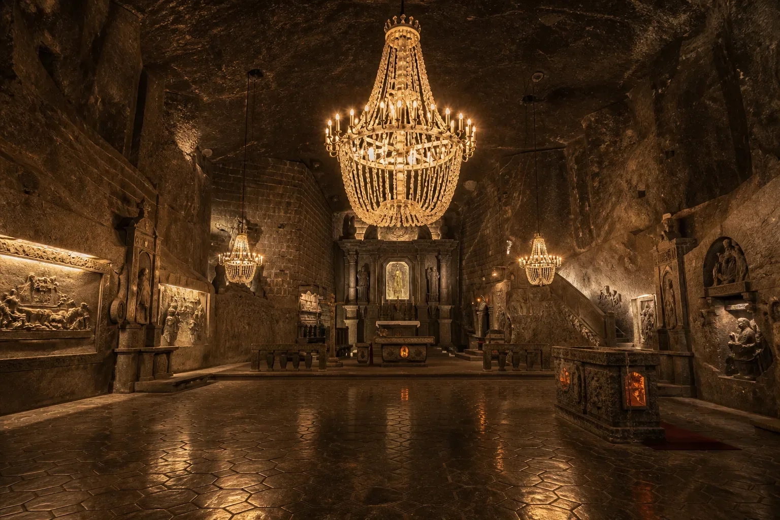 The Chapel of St. Kinga carved from rock salt deep inside the Wieliczka Salt Mine